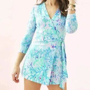 Lilly Pulitzer Karlie Wrap Romper, Amethyst Tin Craysea skort, XS